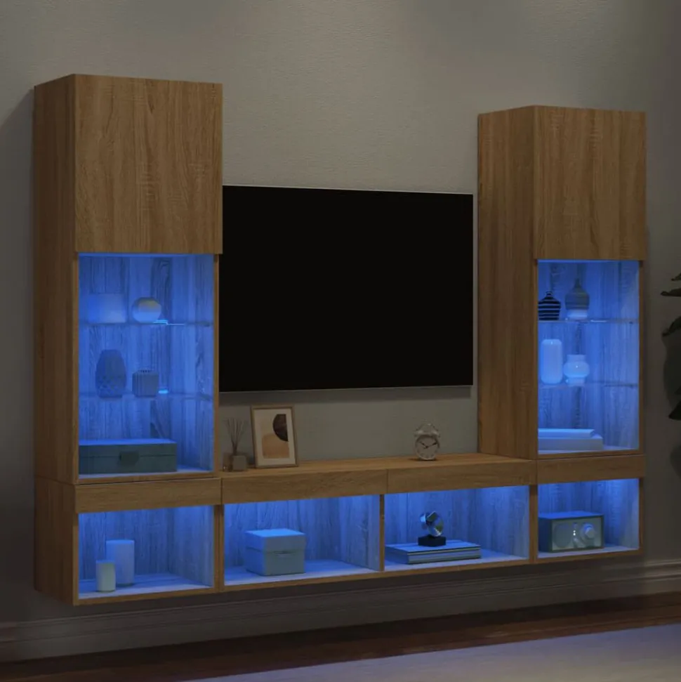 vidaXL 5-delige Tv-wandmeubelset met LED bewerkt hout sonoma eiken