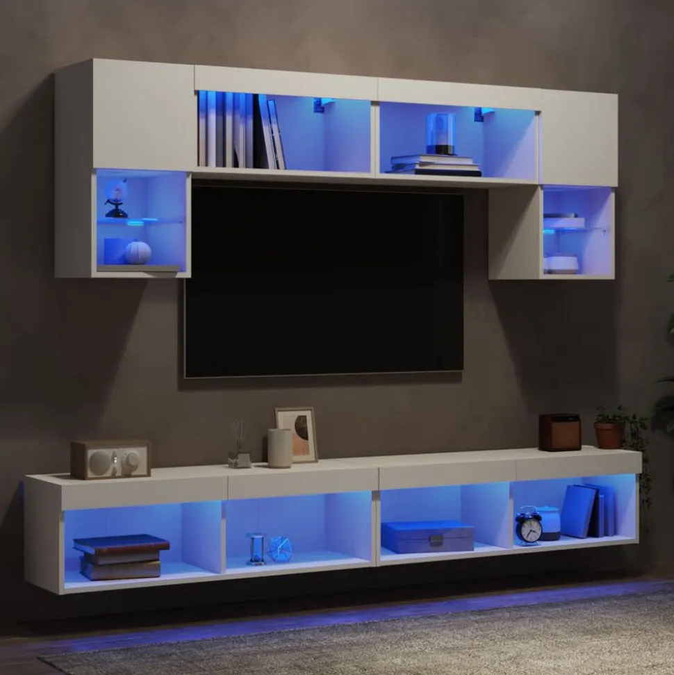 vidaXL 6-delige Tv-wandmeubelset met LED-verlichting bewerkt hout wit