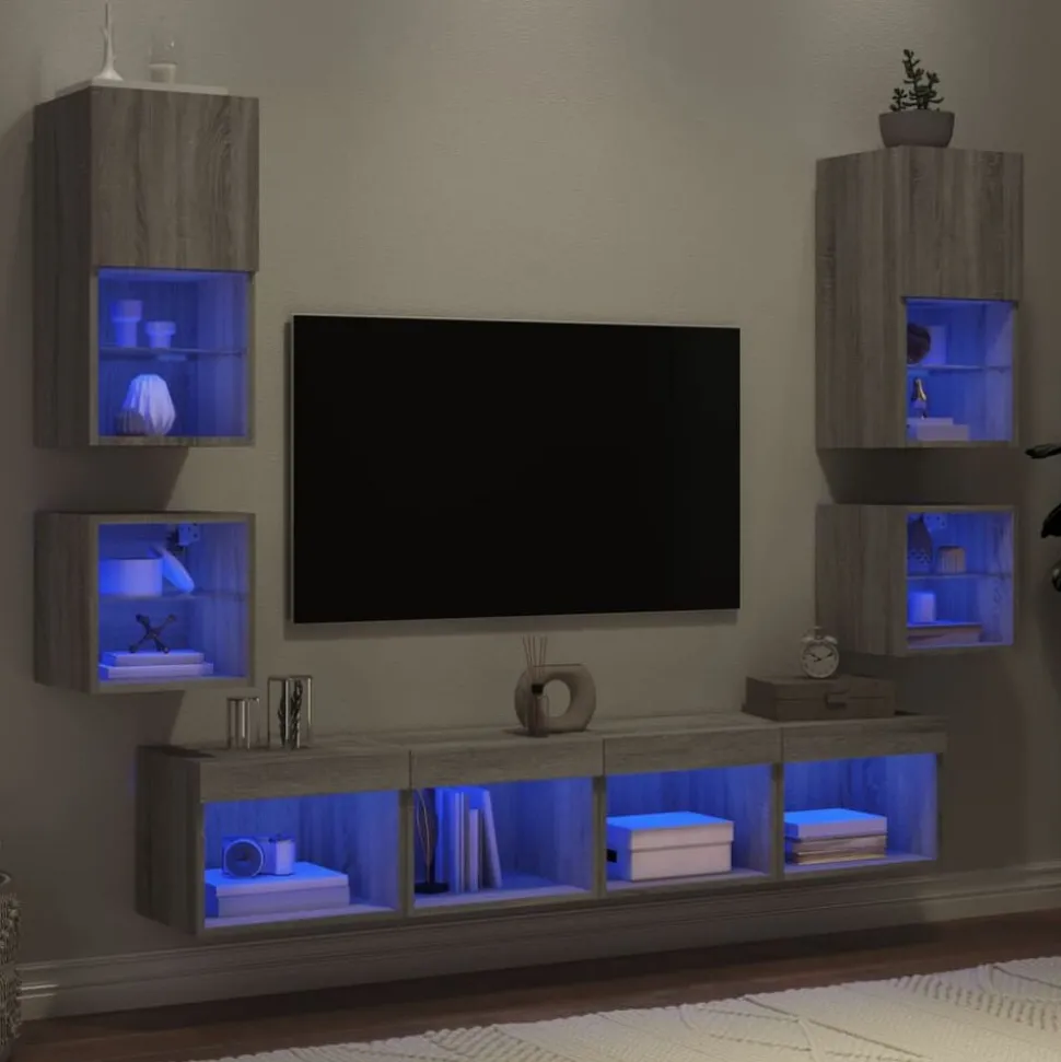 vidaXL 8-delige Tv-wandmeubelset met LED bewerkt hout grijs sonoma