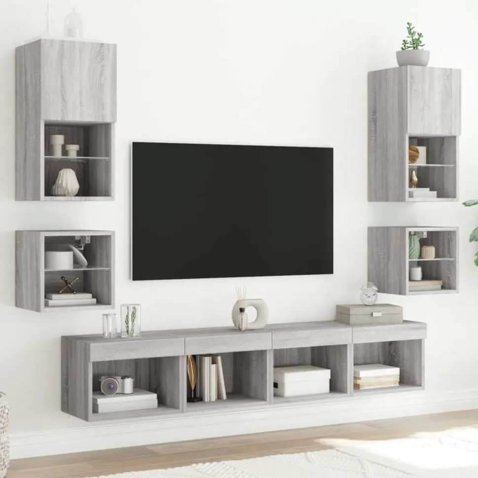 vidaXL 8-delige Tv-wandmeubelset met LED bewerkt hout grijs sonoma