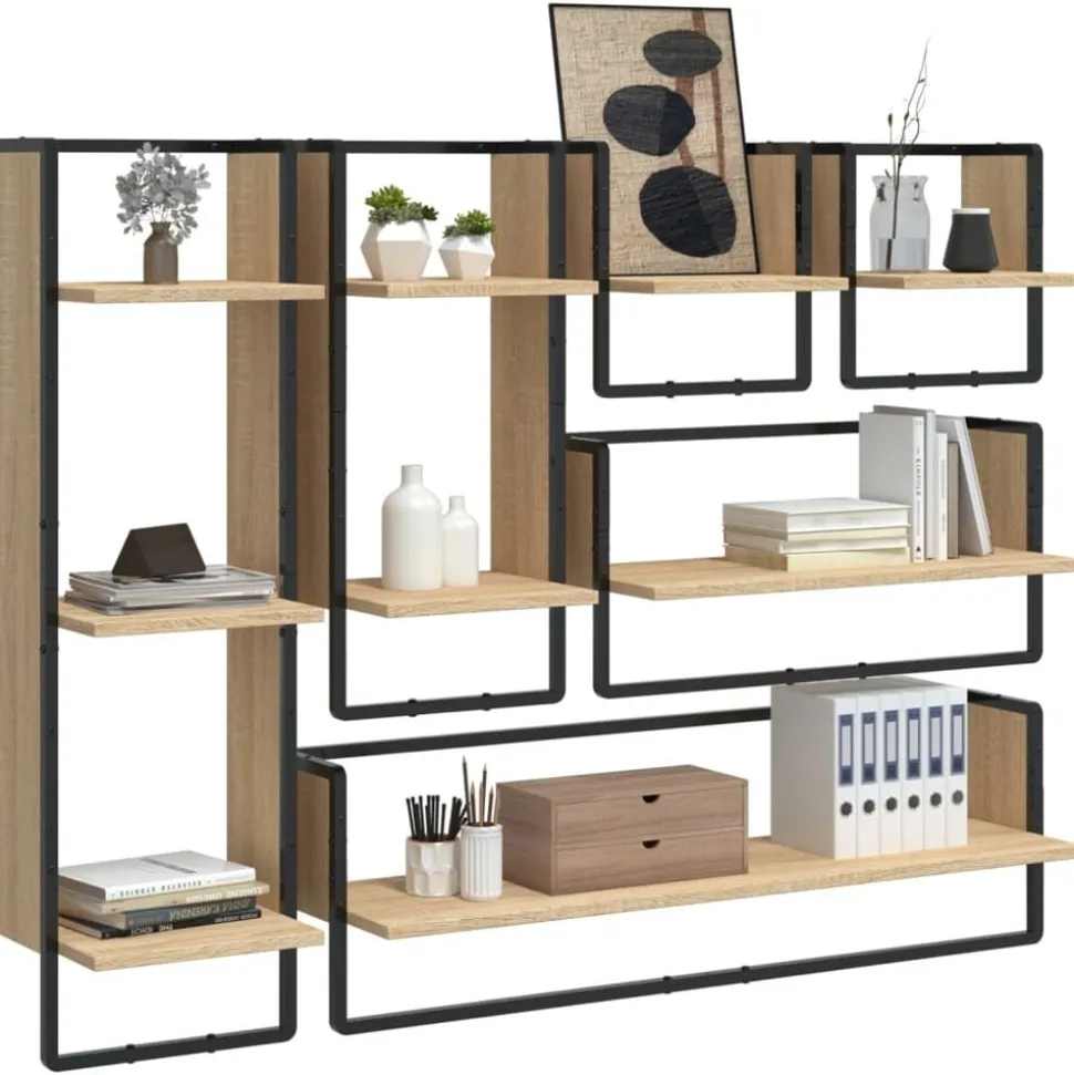 vidaXL 6-delige Wandschappenset met stangen bewerkt hout sonoma eiken