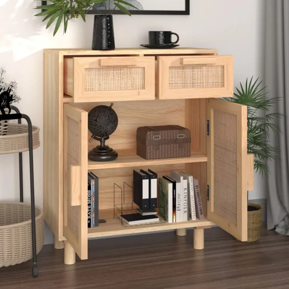 vidaXL Dressoir 60x30x75 cm massief grenenhout en rattan bruin
