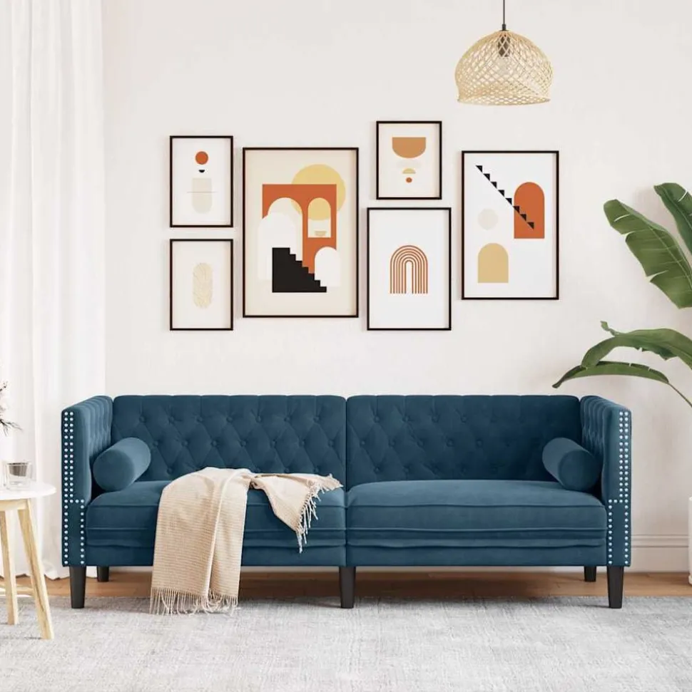 vidaXL Driezitsbank Chesterfield-stijl met bolsters fluweel blauw