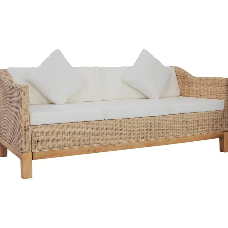 vidaXL Driezitsbank met kussens natuurlijk rattan