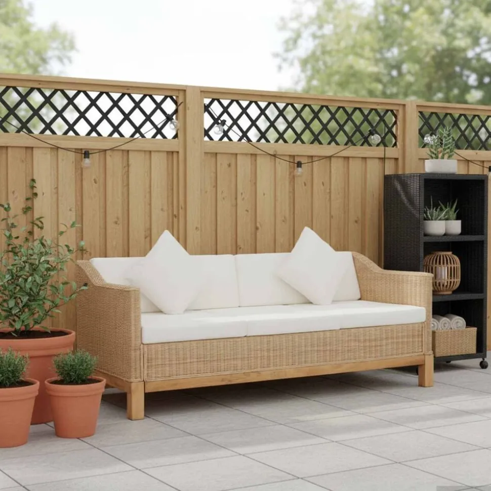 vidaXL Driezitsbank met kussens natuurlijk rattan