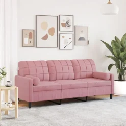 vidaXL Driezitsbank met sierkussens 180 cm fluweel roze
