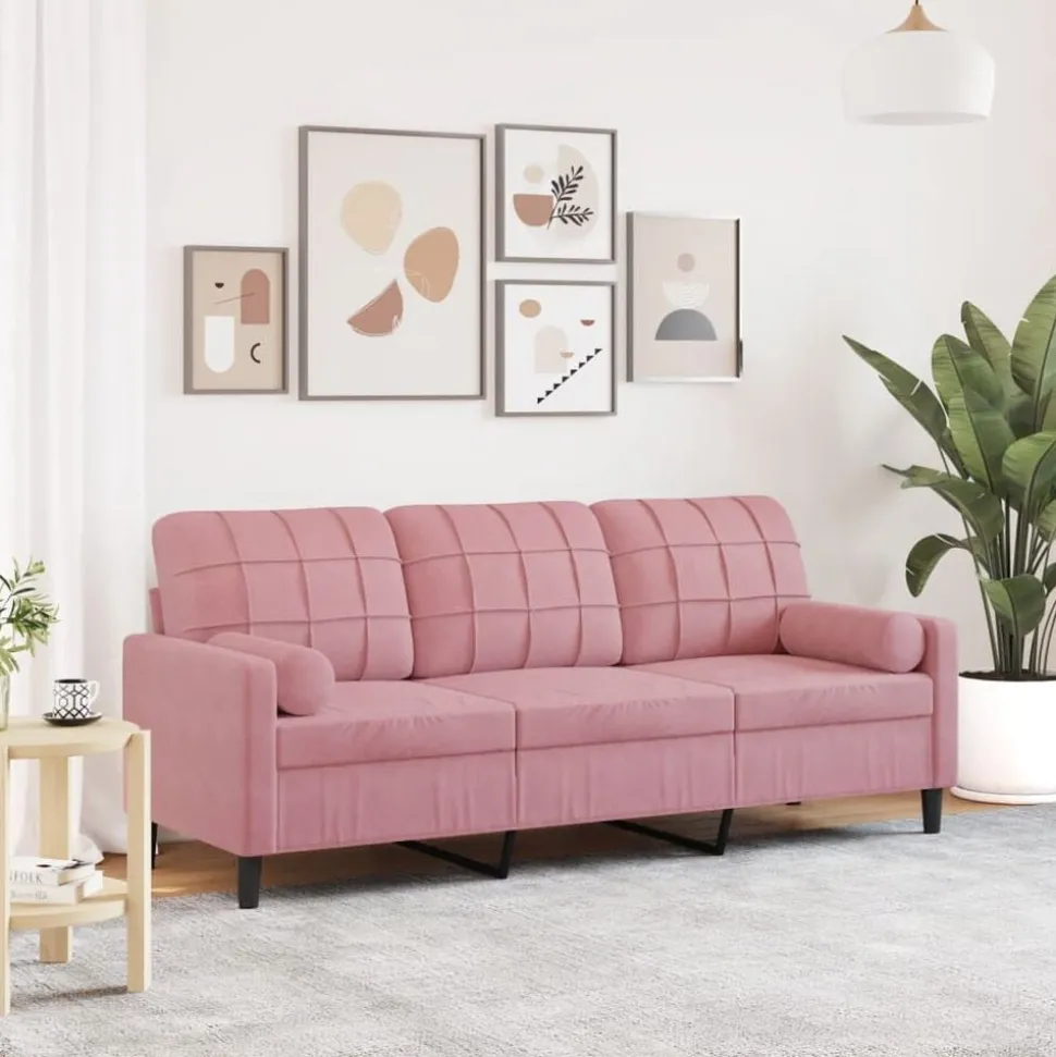 vidaXL Driezitsbank met sierkussens 180 cm fluweel roze