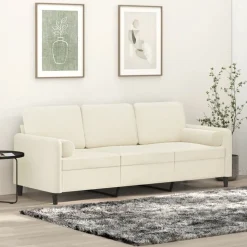 vidaXL Driezitsbank met sierkussens 180 cm fluweel crèmekleurig