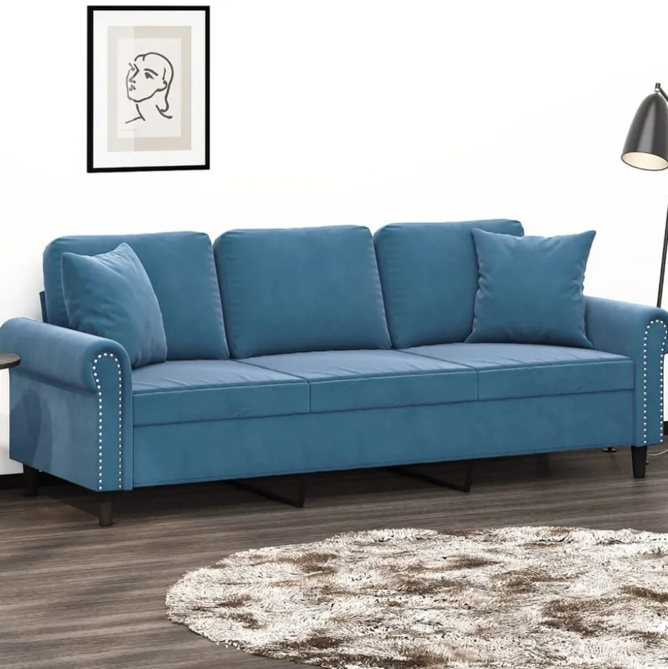 vidaXL Driezitsbank met sierkussens 180 cm fluweel blauw