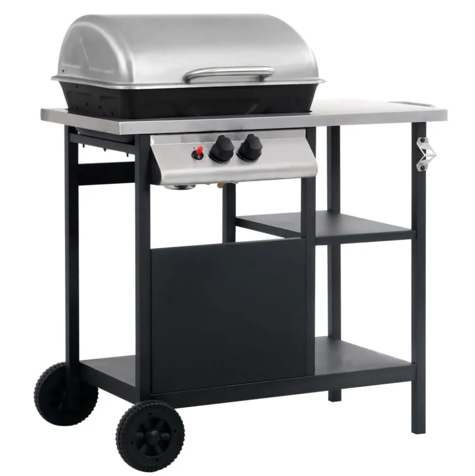 vidaXL Gasbarbecue met 3-laags zijtafel zwart en zilverkleurig