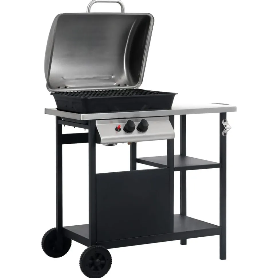 vidaXL Gasbarbecue met 3-laags zijtafel zwart en zilverkleurig
