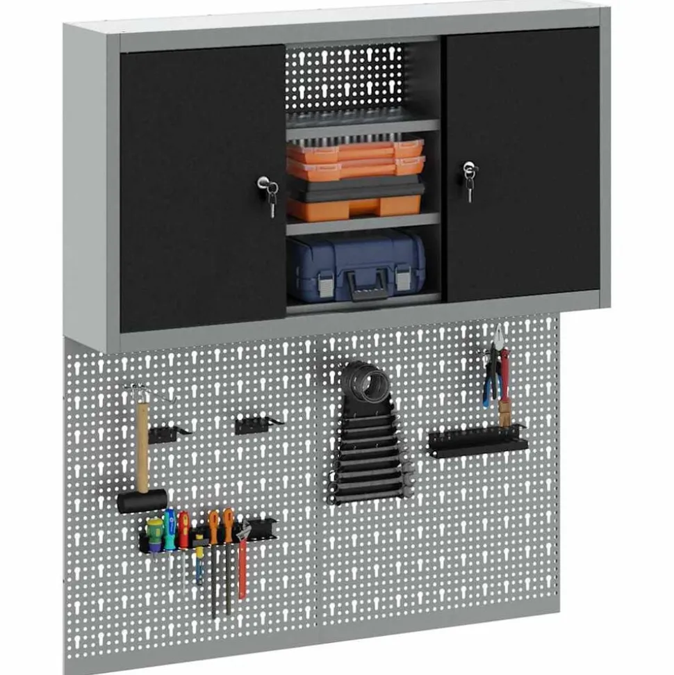 vidaXL Gereedschapskast set met plank 3 pcs Zwart Gepoedercoat staal