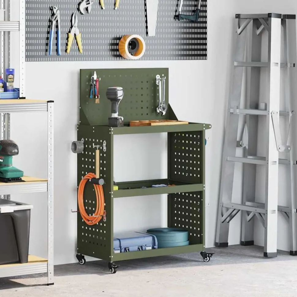 vidaXL Gereedschapswagen met plank Olijf Groen 65 x 35 x 111 cm