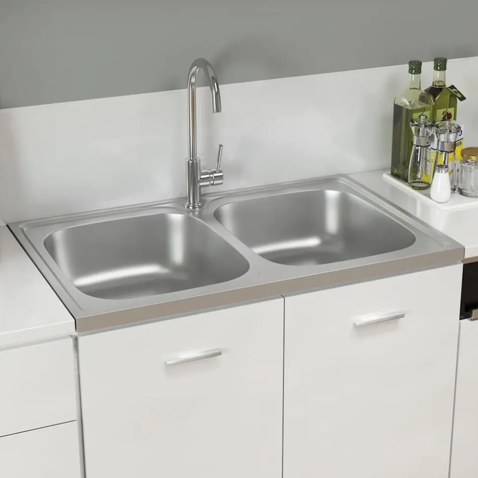 vidaXL Gootsteen dubbele bakken 800x500x155 mm roestvrij staal zilver