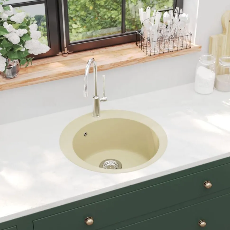 vidaXL Gootsteen enkele bak rond graniet beige