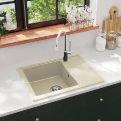 vidaXL Gootsteen met overloopgat ovaal graniet beige