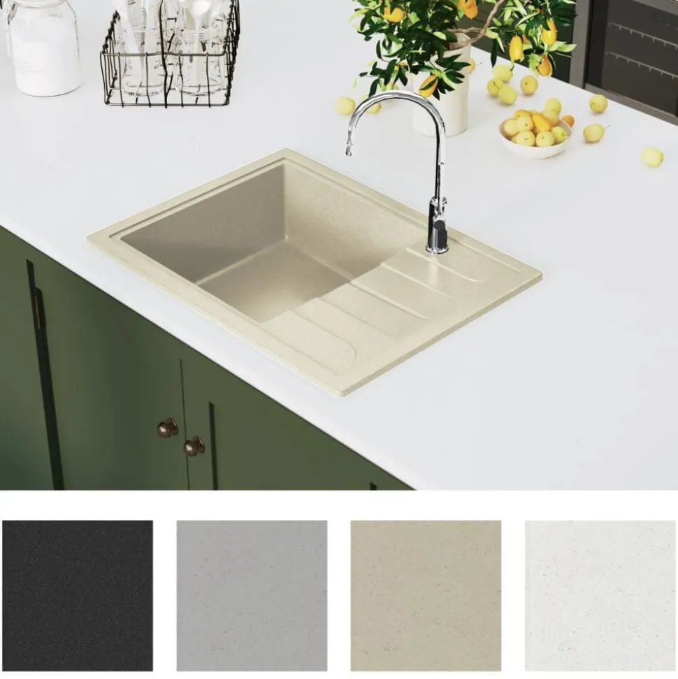 vidaXL Gootsteen met overloopgat ovaal graniet beige
