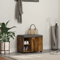vidaXL Halbank met kussen met plank Gerookte Eik 60 x 38 x 46 cm