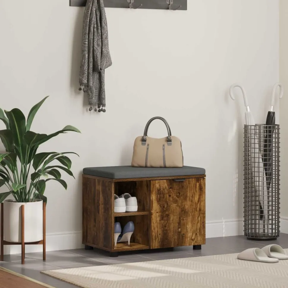 vidaXL Halbank met kussen met plank Gerookte Eik 60 x 38 x 46 cm