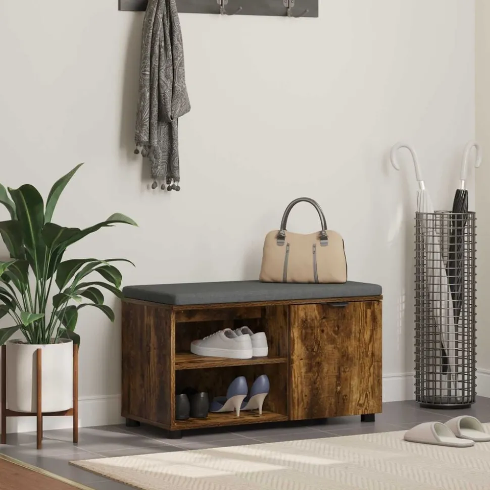 vidaXL Halbank met kussen met plank Gerookte Eik 80 x 38 x 46 cm