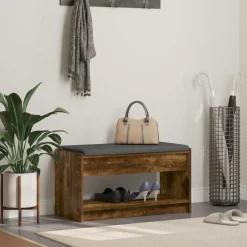 vidaXL Halbank met kussen met plank Gerookte Eik 83 x 38 x 45 cm