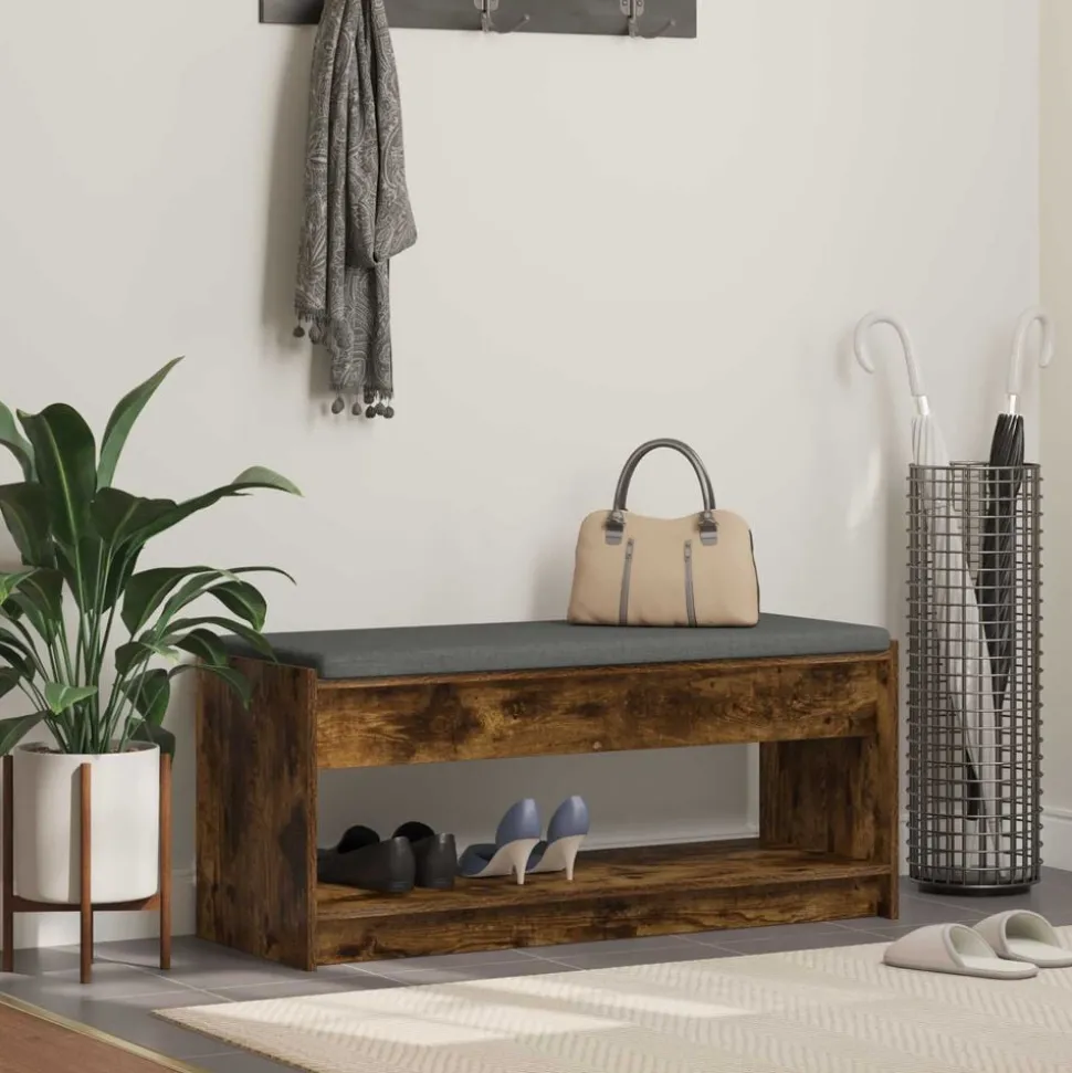 vidaXL Halbank met kussen met plank Gerookte Eik 103 x 38 x 45 cm