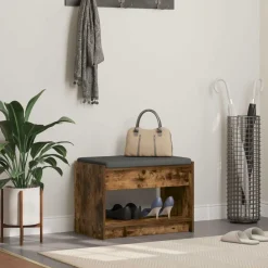 vidaXL Halbank met kussen met plank Gerookte Eik 63 x 38 x 45 cm