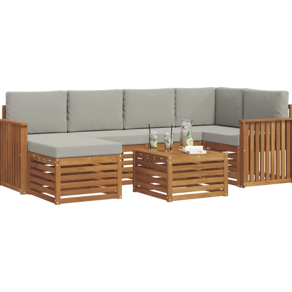 vidaXL Hoekbank Set 7 pcs Natuurlijk en Lichtgrijs Massief Acaciahout