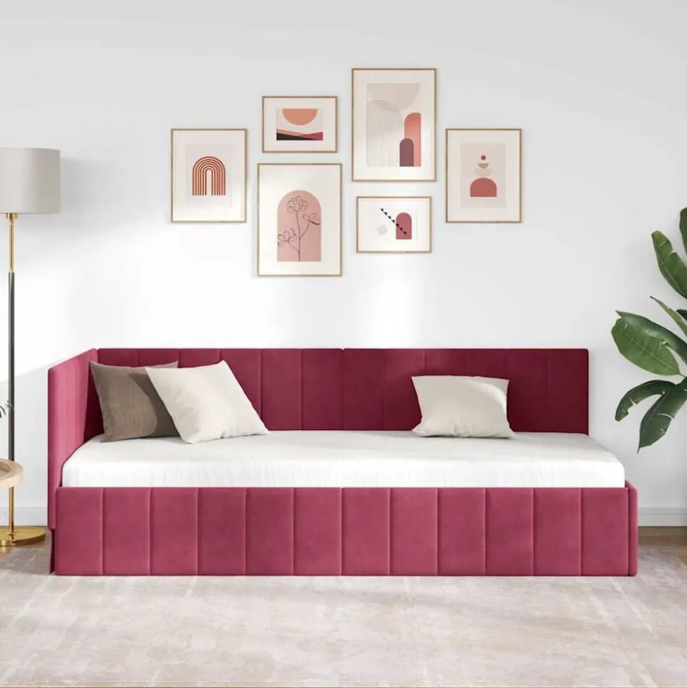 vidaXL Hoekbedframe met hoofdeinde Wijnrood 80 cm x 200 cm Fluweel