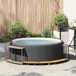 vidaXL Hottub ombouw opbergruimte en houten opstapje poly rattan grijs