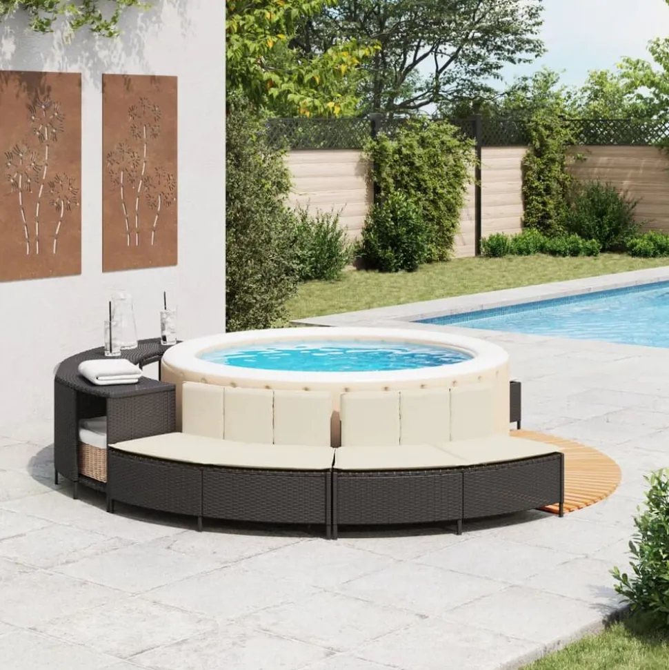 vidaXL Hottub-bankjes met kussens 2 st poly rattan zwart