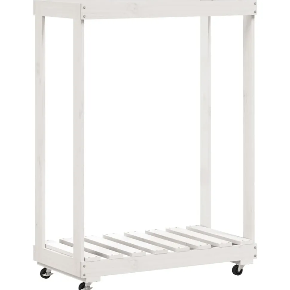 vidaXL Houtblokhouder met wielen 76,5x40x108 cm massief grenenhout wit