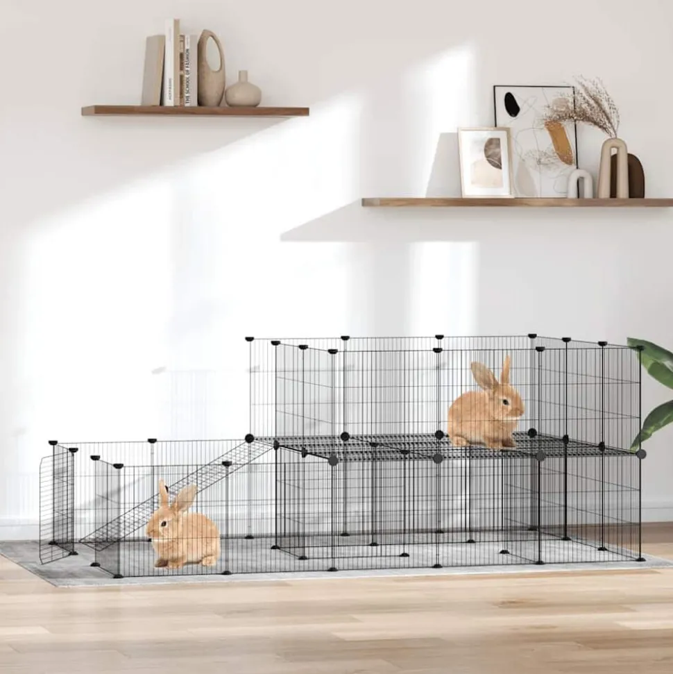 vidaXL Huisdierenkooi met deur 44 panelen 35x35 cm staal zwart