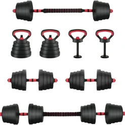 vidaXL 4-in-1 Halter-Barbell Kettlebell Set 30kg 30kg Zwart en Rood