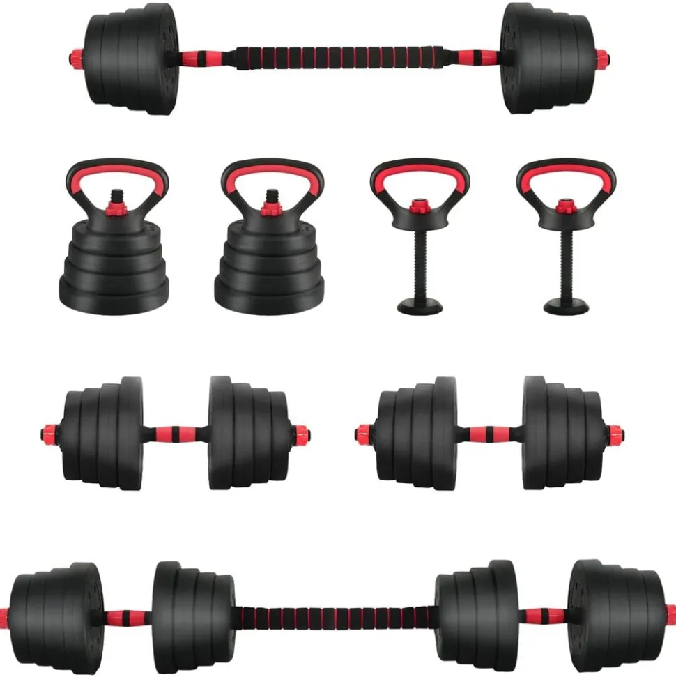 vidaXL 4-in-1 Halter-Barbell Kettlebell Set 30kg 30kg Zwart en Rood