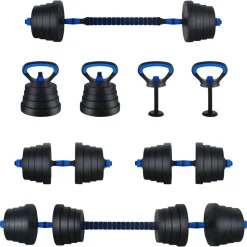 vidaXL 4-in-1 Halter-Barbell Kettlebell Set 30kg 30kg Zwart en Blauw