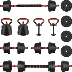 vidaXL 4-in-1 Halterset 30kg Zwart en Rood Cement en ijzeren zand