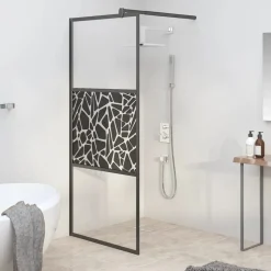 vidaXL Inloopdouchewand met stenenmotief 80x195 cm ESG-glas zwart