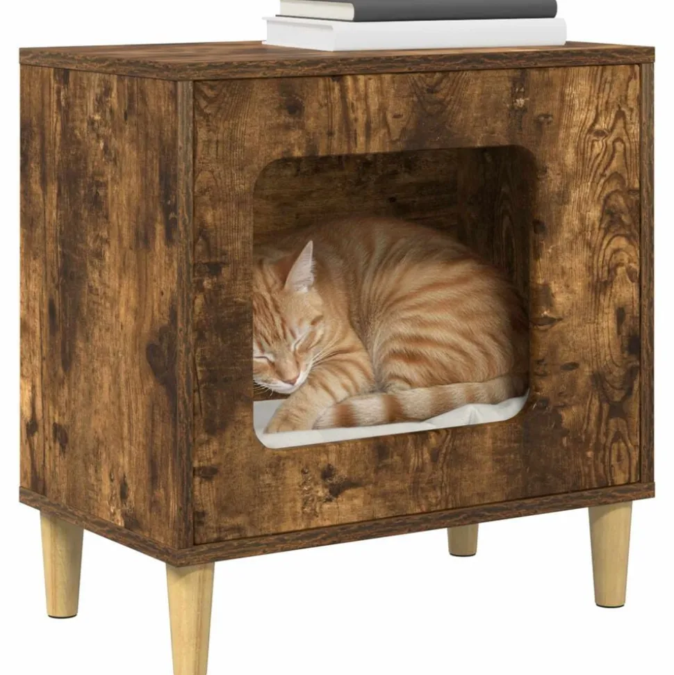 vidaXL Kattenhuis Gerookt eiken 51 x 30 x 52 cm Bewerkt hout