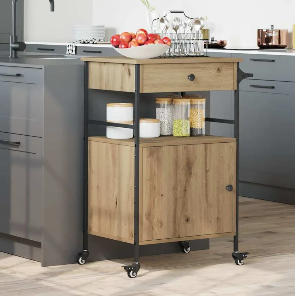 vidaXL Keuken Trolley Artisan Eiken 56 x 43 x 89,5 cm Bewerkt hout