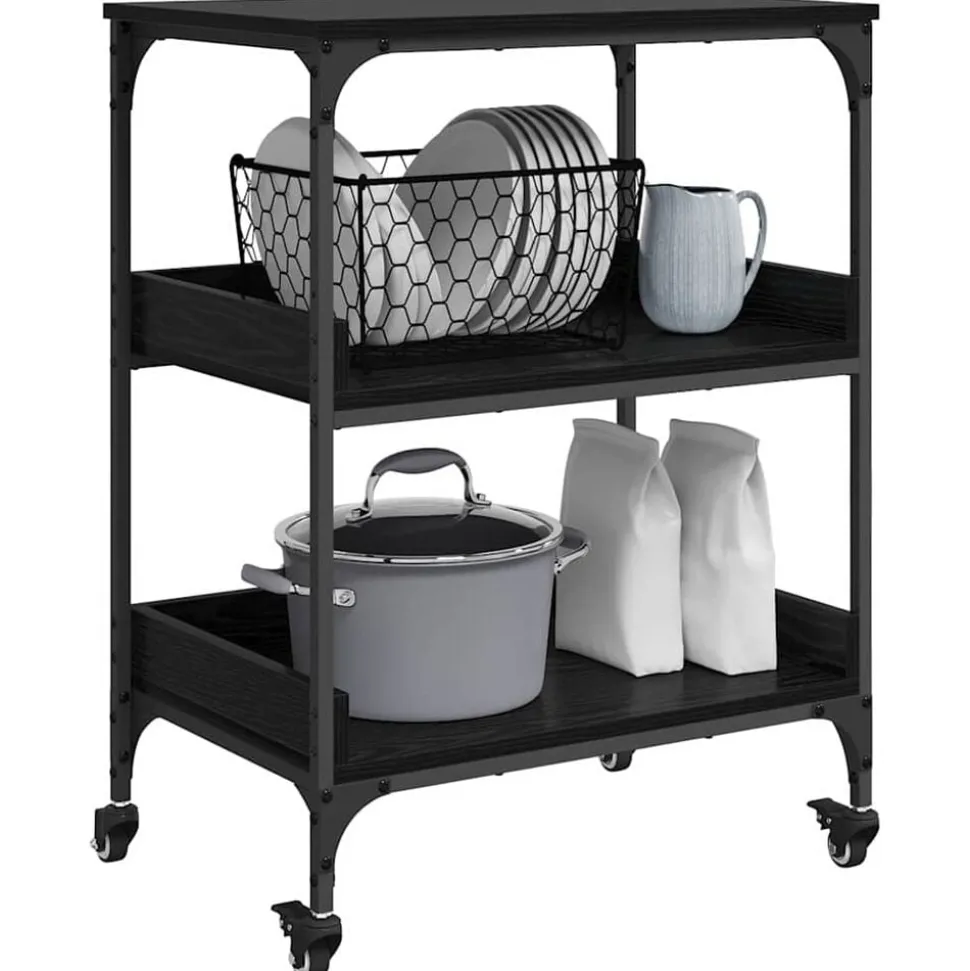 vidaXL Keuken Trolley Zwart Eiken 60 x 41 x 80.5 cm Bewerkt hout