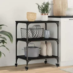 vidaXL Keuken Trolley Zwart Eiken 60 x 41 x 76 cm Bewerkt hout