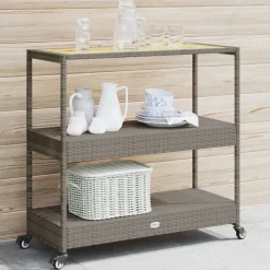 vidaXL Keukentrolley 3-laags poly rattan en massief acaciahout grijs