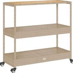 vidaXL Keukentrolley 3-laags poly rattan en massief acaciahout beige