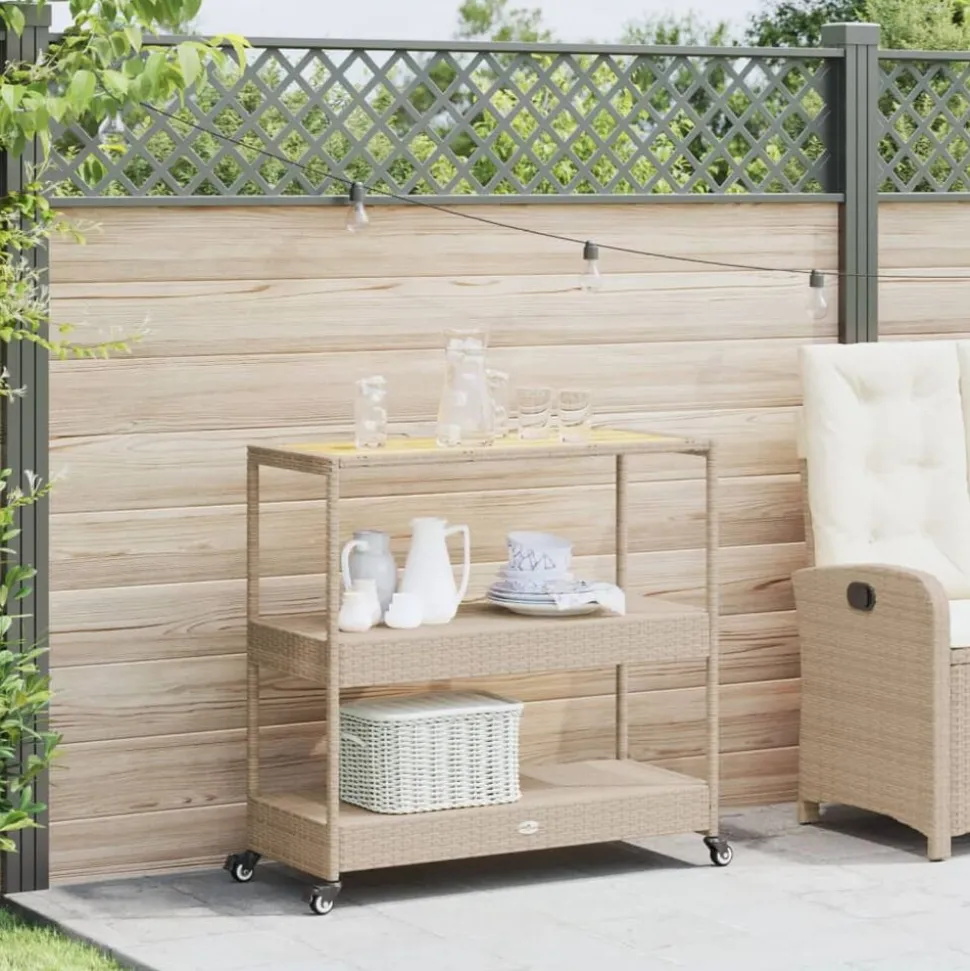 vidaXL Keukentrolley 3-laags poly rattan en massief acaciahout beige
