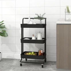 vidaXL Keukentrolley 3-laags 42x35x85 cm ijzer en ABS zwart