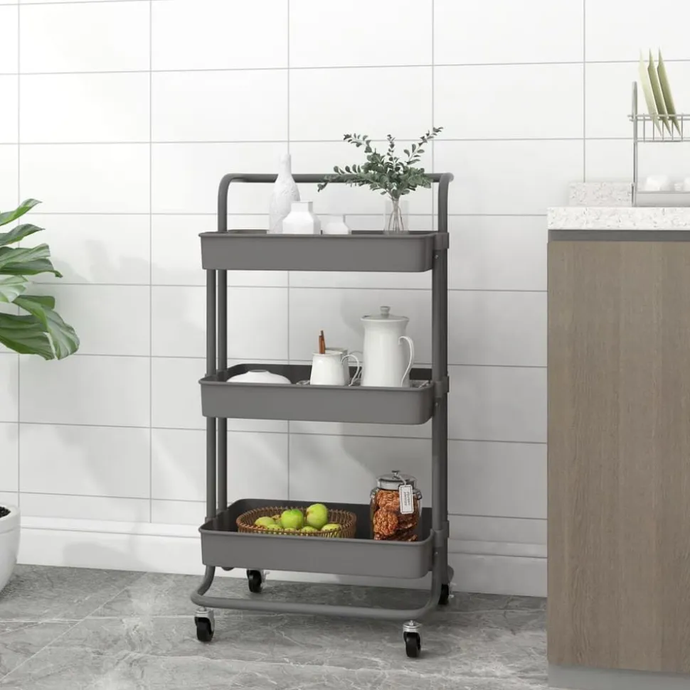 vidaXL Keukentrolley 3-laags 42x35x85 cm ijzer en ABS grijs