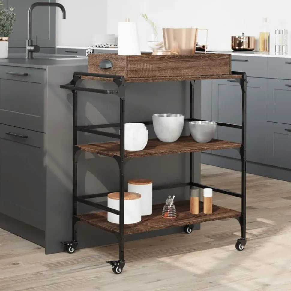 vidaXL Keukentrolley 81,5x41x92,5 cm bewerkt hout bruin eikenkleurig
