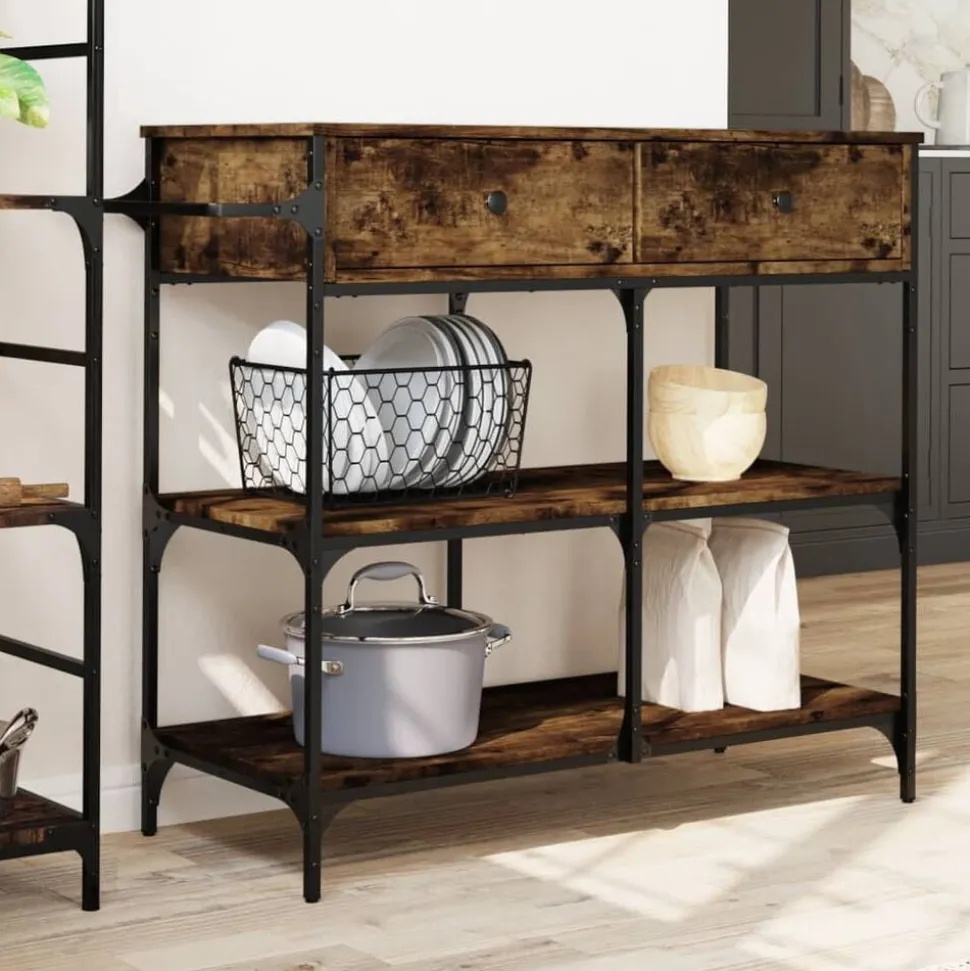 vidaXL Keukentrolley 105x42x95 cm bewerkt hout gerookt eikenkleurig