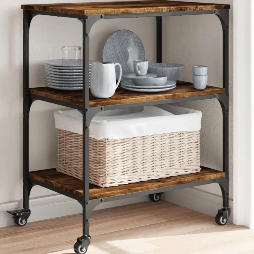 vidaXL Keukentrolley 60x41x76 cm bewerkt hout gerookt eikenkleurig